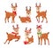 Reindeers flat vector illustrations set. Cute Santa Claus helpers with scarfs and presents. Funny deers cartoon