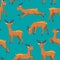 Reindeers in seamless pattern for various prints and designs. Jumping, standing, running, drinking reindeer in cartoon