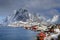 Reine Resort, Lofoten Archipelago, Norway. Houses and docked fishing boats.