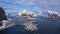 Reine Village and Mountains in Winter. Lofoten Islands, Norway. Aerial View