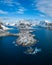 Reine Village and Mountains in Winter. Olstinden Peak. Moskenes, Lofoten Islands. Landscape of Norway. Aerial View