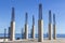 Reinforcement installation, concrete pillars with sea in the background