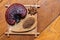 Reishi or lingzhi mushroom and powder on an old wood background.top view,flat lay