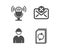 Reject mail, Microphone and Engineer icons. Update document sign. Delete letter, Mic, Worker profile. Vector