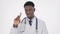 Rejecting African Doctor showing No Sign by Finger on White Background