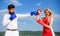 Relations as struggle concept. Man and woman fight boxing gloves blue sky background. Defend your opinion in