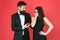 Relationship. love relationship. surprise. bearded man make woman marriage proposal. tuxedo man and elegant lady at