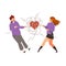 Relationship Problems with Man and Woman Pulling Entangled Around Heart Rope Apart Vector Illustration