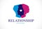 Relationship psychology concept created with man and woman heads profiles, vector logo or symbol of gender problems and conflicts