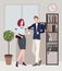 Relationships at work. coffee break. woman and man are flirting. Colorful flat illustration.