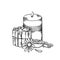 Relax aroma candles. Black sketch with shading. Wax candles with cinnamon stick, calendula flower and orange slice. Vector spa,