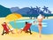 Relax on the beach. Drawing a dream, people at sea, a desert island. In minimalist style Cartoon flat Vector