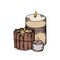 Relax candles. Color sketch with hatching. Wax candles with cinnamon sticks, decoration on white background. Vector spa,