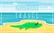 Relax cute adorable crocodile on the sunny beach. Yellow sand and blue sea. Beautiful summer landscape banner. Vector