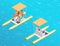 Relax on the paddle boat. Couple on pedalo also called pedal boat on a lake. summer time concept. Flat 3d isometric