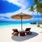 Relax in style on a beautiful white sand beach with beach chairs and anagainst a stunning blue sky and Perfect for vacation