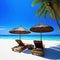 Relax in style on a beautiful white sand beach with beach chairs and anagainst a stunning blue sky and Perfect for vacation