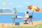 Relax vacation time on beach of happy young businessman with feet up on office desk