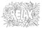 Relax word with floral pattern antistress coloring page for adult in doodle sketch style, vector illustration