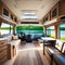 Relaxation areas for road Travelling entertainment Stylish Interior of motor home camping furnishing decor of salon