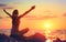 Relaxation And Yoga At Sunset - Girl With Open Arms