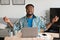 Relaxed African American Man Meditating At Laptop Sitting At Workplace