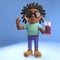 Relaxed Afro Caribbean man with dreadlocks drinking a soft drink, 3d illustration