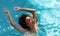 Relaxed black girl floating in swimming pool with raised arms on hot summer day