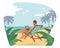 Relaxed Businessman Freelancer in Summer Wear Sitting on Daybed on Exotic Tropical Beach with Palm Trees Work on Laptop