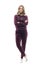 Relaxed calm beautiful confident young woman in home wear burgundy sweatsuit looking down