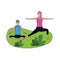 Relaxed couple doing yoga outdoor, colorful design