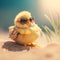 Relaxed cute chick in sunglasses sunbathing at beach, summer vacation, generative ai