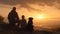 Relaxed family and their furry companion watch the sunset together