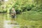 Relaxed fisherman fishing in river on a sunny day