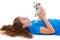 Relaxed kid girl and puppy yawning chihuahua dog