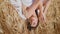 Relaxed model chilling sunny hay land vertical. Meditative woman lay sun field