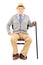 Relaxed senior man sitting on a wooden chair and looking at came