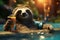 A relaxed sloth, donning summer gear, floats in a pool with a cocktail, content