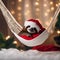 A relaxed sloth dressed as Santa, enjoying a nap in a hammock strung with Christmas lights5