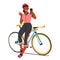 Relaxed Sportswoman Cyclist Female Character Perches On her Bike Frame, Holding Smartphone and Waving Hand