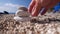 Relaxed Tourist in Holiday Playing with Small Stones on the Beach