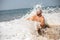 Relaxed vacationist in sunglasses resting on shore covered by sea wave, holding glass of drink in hand and smiling.