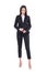 Relaxed young business woman unbuttoning black suit looking down