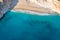 Relaxing aerial beach, summer vacation tropical Mediterranean landscape. Peaceful beach, seaside surf. Waves surf amazing blue