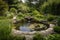 relaxing backyard pond with fountain, surrounded by lush greenery