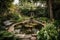 relaxing backyard pond with fountain, surrounded by lush greenery
