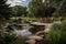 relaxing backyard, with view of the pond and waterfalls in the distance