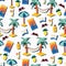 Relaxing beach day seamless vector pattern. Summer beach repeating background with palm trees, hammocks, sunglasses