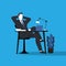 Relaxing businessman with his desk. Simple trendy color flat style on blue background