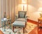 Relaxing corner, Reclining armchair, ottoman and table in hotel